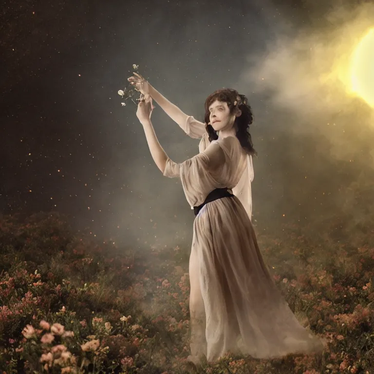 Prompt: The full body shot of delicate renaissance beautiful pale woman with many flowers and full-face black mask with glowing halo, a thick black smoke in rocky desert landscape, glowing eyes, falling star on the background, burning earth by Christopher Doyle, Gaspar Noe, Tarkovsky, Alejandro Jodorowsky, anamorphic lens, volumetric lighting, global illumination, physically based rendering, photorealistic, top light, cinematic composition, award winning photo, 8k