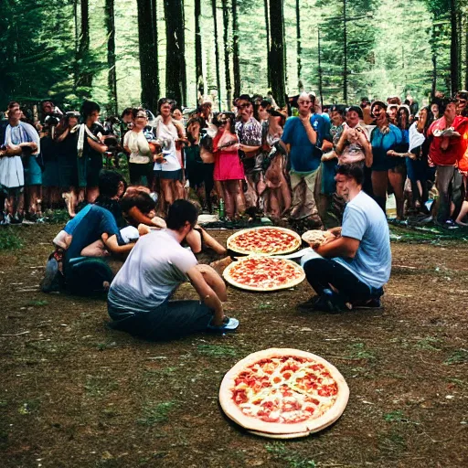 Prompt: a crowd of diverse people worshipping a slice of pizza on an altar during a solar eclipse in a clearing of a forest, 35mm