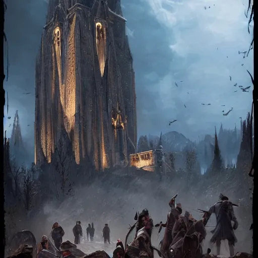 Prompt: epic masterpiece of cinematographic hyperrealism where a group of archeologists appears in front of a large vampire tower. realistic shaded lighting poster by craig mallismo, artgerm, jeremy lipkin and michael garmash, unreal engine, detailed and intricate environment, digital art, art station trends, horror, night, darkness