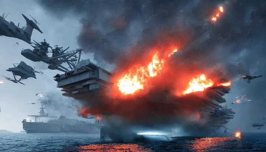 Prompt: movie scene of a sinking burning aircraft carrier during world war 3, hyperdetailed, artstation, cgsociety, 8 k