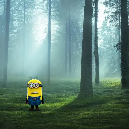 Image similar to sad minion in misty forest scene, the sun shining through the trees