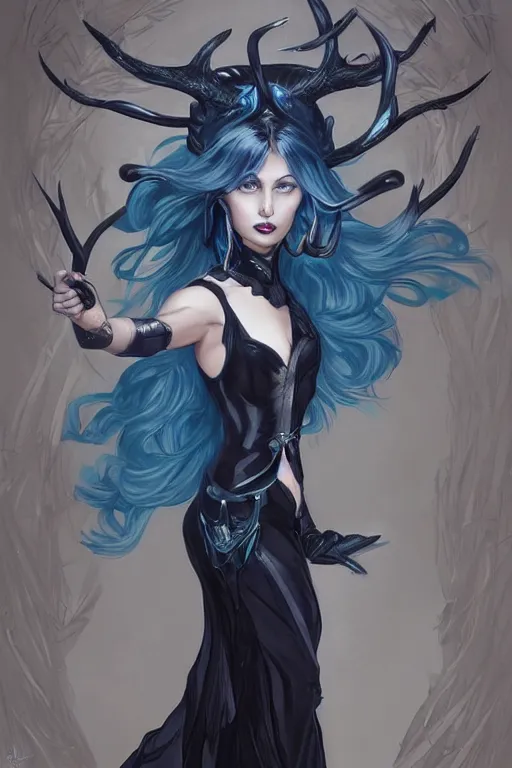 Image similar to fullbody!! dynamic action pose, beautiful woman with blue hair, big antlers on her head, long flowing black dress, dnd, face, fantasy, intricate, elegant, highly detailed, digital painting, artstation, concept art, smooth, sharp focus, illustration, art by artgerm and greg rutkowski and alphonse mucha