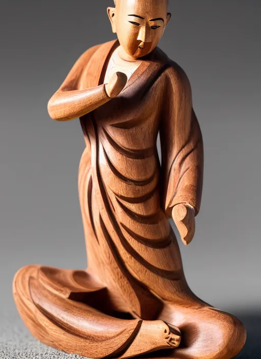 Image similar to still wooden figurine of monk wearing a white shorts, personification, dynamic pose, detailed product photo, 8 k, 8 5 mm, f. 1 4, beautiful composition