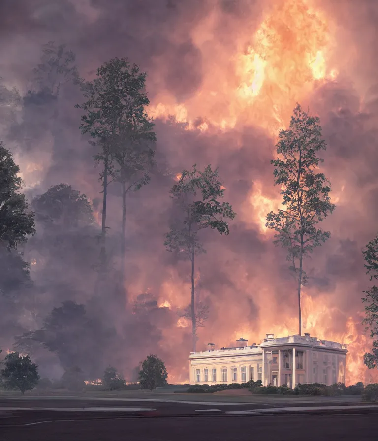 Image similar to a beautiful hyperrealistic detailed 3D render of the white house burning, by Anton Otto Fischer, Atey Ghailan, genzoman, unreal engine, octane render, gigantic, 3D, brilliantly coloured, intricate, ultra wide angle, trending on artstation, embers, smoke, dust, dusk, volumetric lighting, HDR, polished, micro details, ray tracing, 8k