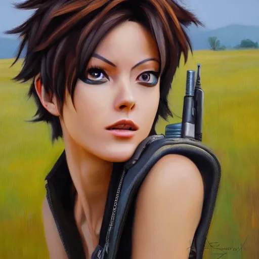 Image similar to oil painting of tracer overwatch in a field, in style of mark arian, expressive face, very detailed face, wearing black leather choker, very detailed eyes, full body, feminine face, detailed makeup on eyes,