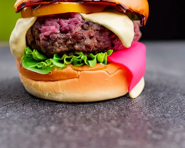 Image similar to dslr food photograph of burger with a pink raw patty in it, 8 5 mm f 1. 4