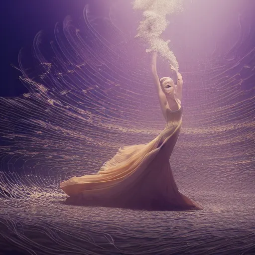 Image similar to woman dancing underwater wearing a long flowing dress made of many layers of gold and silver wire, coral sea bottom, swirling schools of silver fish, swirling smoke shapes, octane render, caustics lighting from above, cinematic, hyperdetailed