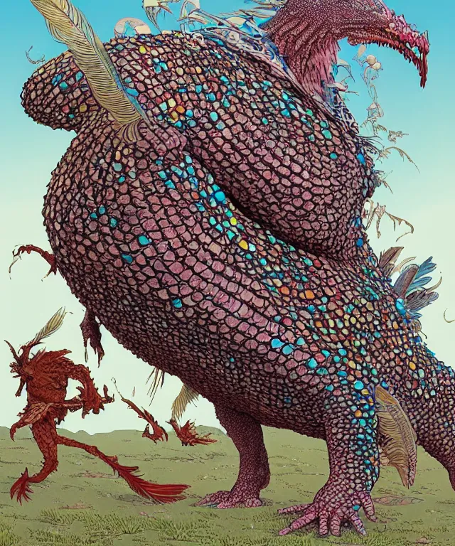 Image similar to a creature covered in scales and feathers spitting acid, fantasy, elegant, digital painting, artstation, concept art, matte, sharp focus, illustration, art by geof darrow