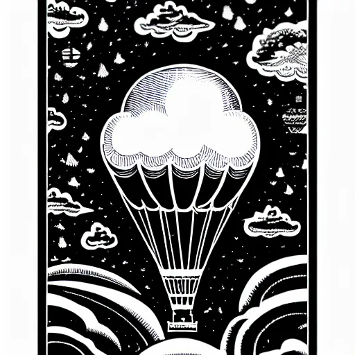 Image similar to a victorian air balloon in the clouds, sticker illustration by joe fenton , black and white, line art, intricate details