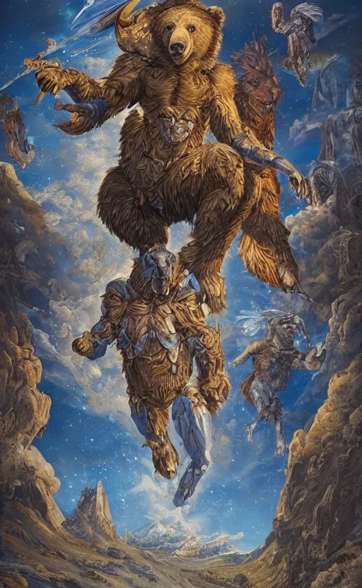 Image similar to mural of a bear beast-man, sci fi weapon, royal ornaments, reaching towards the heavens, sci fi world, holy imagery, highly detailed, beautiful colors, renaissance mural, mural in the style of sandro boticceli, sandro boticceli