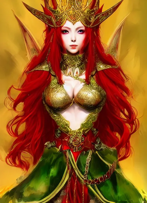 Image similar to Full body portrait of a beautiful red haired elven queen wearing red, green and gold ceremonial queen dress and elaborate golden crown. In style of Yoji Shinkawa and Hyung-tae Kim, trending on ArtStation, dark fantasy, great composition, concept art, highly detailed.