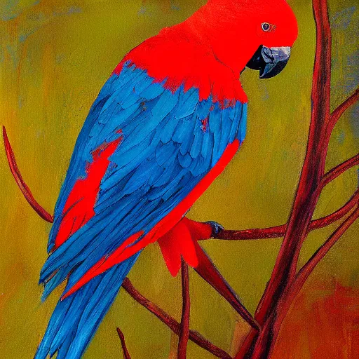 a red parrot sitting on a branch, painting, sky | Stable Diffusion ...