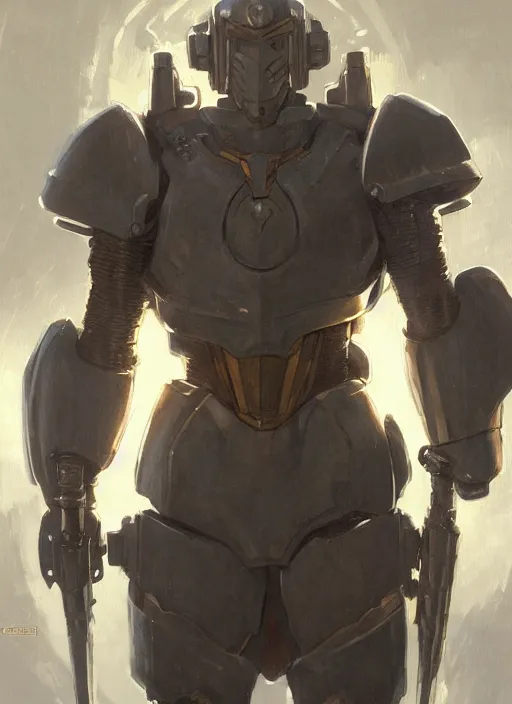 Image similar to medium-length portrait of a male paladin with short curly hair and a dark beard, dark brown skin, happy expression, wears a suit of power armor, gundam, medieval setting, highly detailed, digital painting, artstation, concept art, sharp focus, illustration, art by greg rutkowski and alphonse mucha