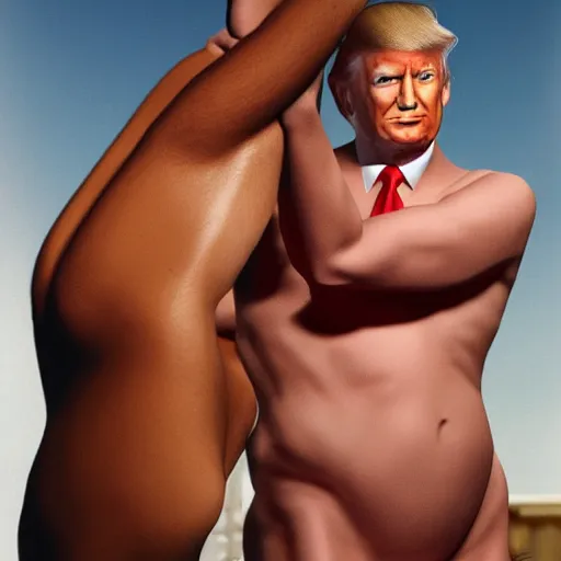 Image similar to hyper realistic photo of donald trump as a playboy model, proportional body