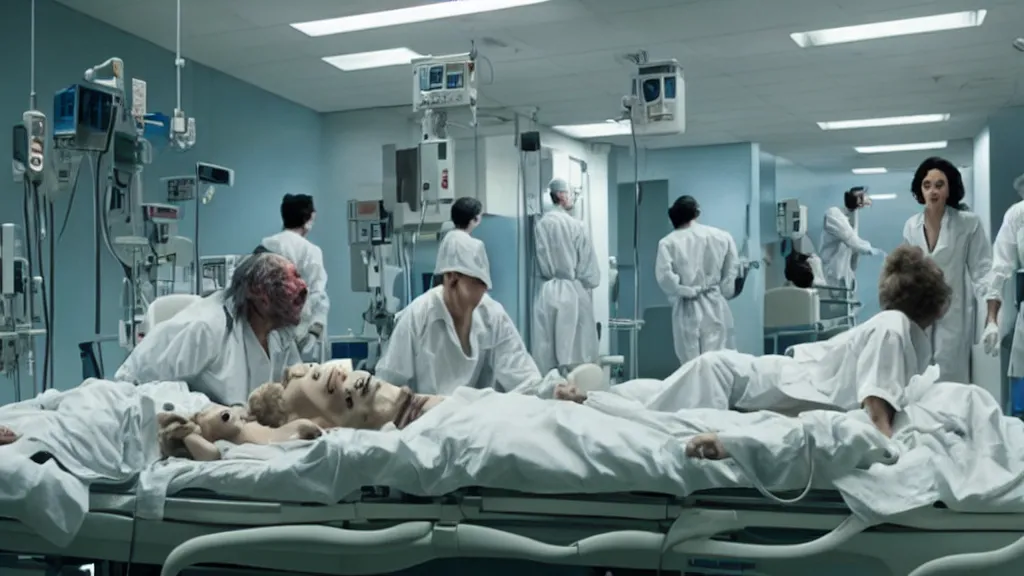 Image similar to monsters invade the hospital, film still from the movie directed by denis villeneuve and david cronenberg with art direction by salvador dali, wide lens