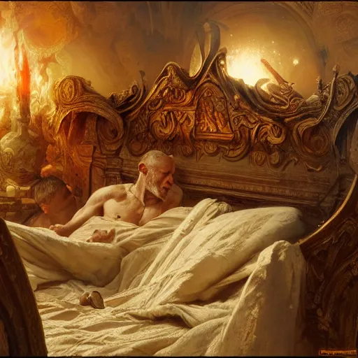 Image similar to the pope is in his bed, scared, because a horned demon is attacking the pope. highly detailed painting by gaston bussiere, greg rutkowski, craig mullins 8 k