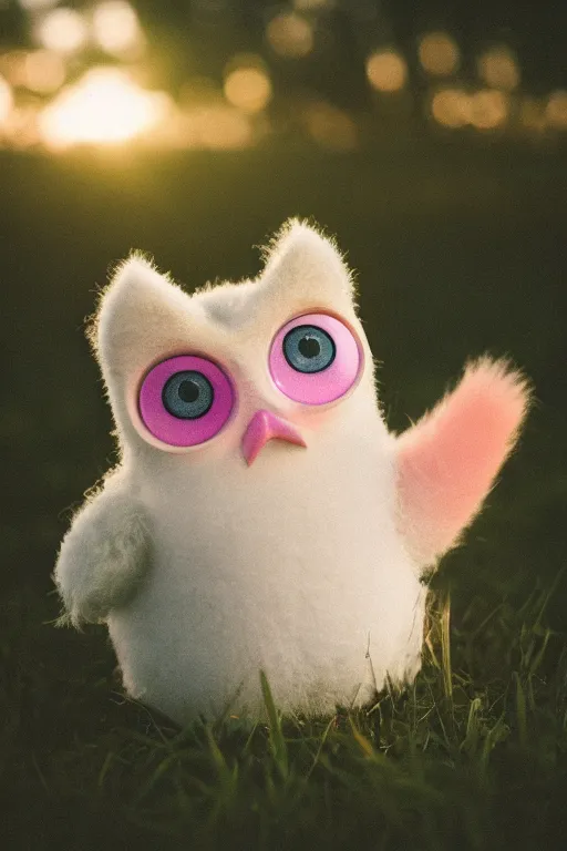 Prompt: agfa vista 4 0 0 photograph of a furby in a field, lens flare, moody lighting, moody vibe, telephoto, 9 0 s vibe, blurry background, grain, tranquil, calm, faded!,