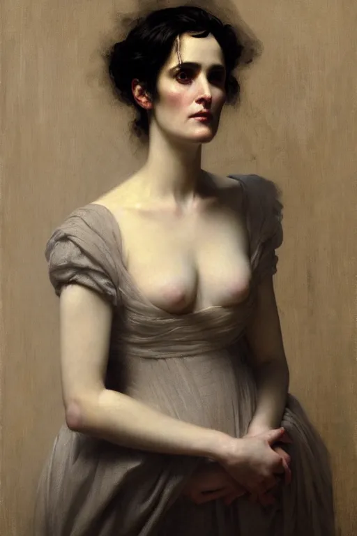 Prompt: portrait en buste winona ryder in georgian dress by Roberto Ferri, by Jeremy Lipking, Realism, abundant detail, muted tones, Regency-Era