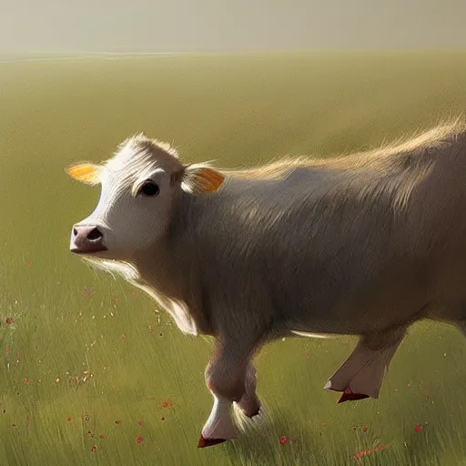 Prompt: beautiful concept art of a cute calf having the zoomies on a meadow by greg rutkowski