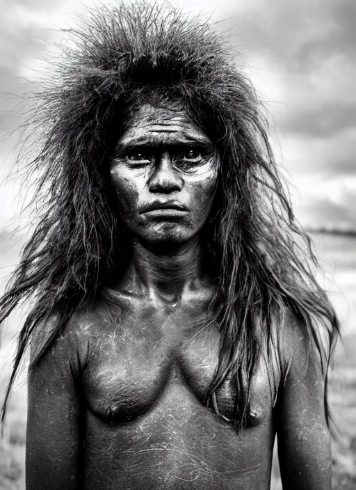 Image similar to Award winning Editorial photo of a Native Nauruans with incredible hair and beautiful hyper-detailed eyes wearing traditional garb by Lee Jeffries, 85mm ND 5, perfect lighting, gelatin silver process