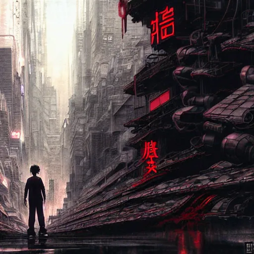 Image similar to tetsuo observing the ruins of neo - tokyo, red cape, akira | anime, matte painting, dystopian megacity neo - tokyo akira, shaded perfect, fine details. realistic shaded lighting anime manga artwork by katsuhiro otomo, akira, artgerm, jeremy lipkin and michael garmash and rob rey