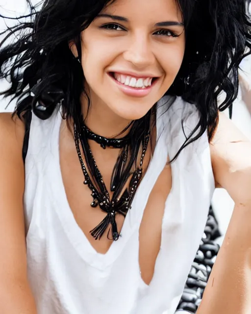 Image similar to a half body photo of a beautiful Young female with long disheveled black hair, beautiful and smiling, sweet looks, white skin and reflective eyes, black tank top, black leather shiny jeans, an ankh necklace white colors in the background, 500px photos, top cinematic lighting , cinematic mood, very detailed, shot in canon 50mm f/1.2