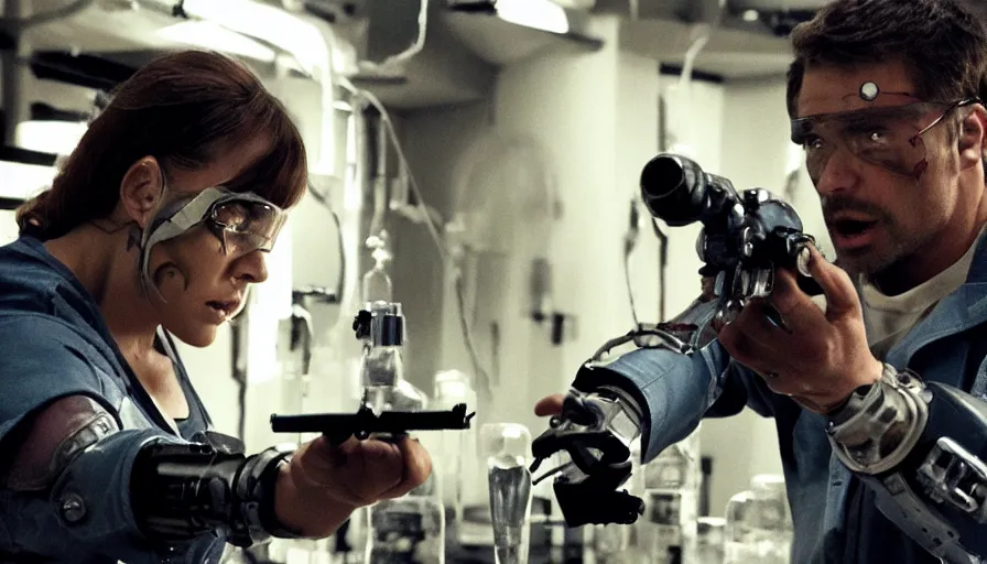 Image similar to big budget action movie about science lab, where a battle cyborg shoots a scientist