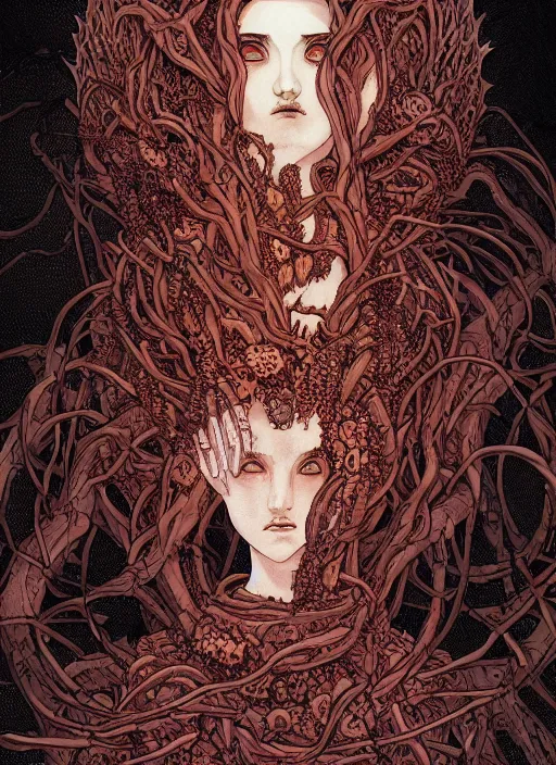 Prompt: behold the worm queen, digital illustration in a mixed style of serhiy krykun and ken taylor and takato yamamoto, inspired by gothic paintings and shoujo manga, surrounded by a torchlit cavern landscape, hyper detailed, stunning inking lines, flat colors, 4 k, hd, award winning, photorealistic