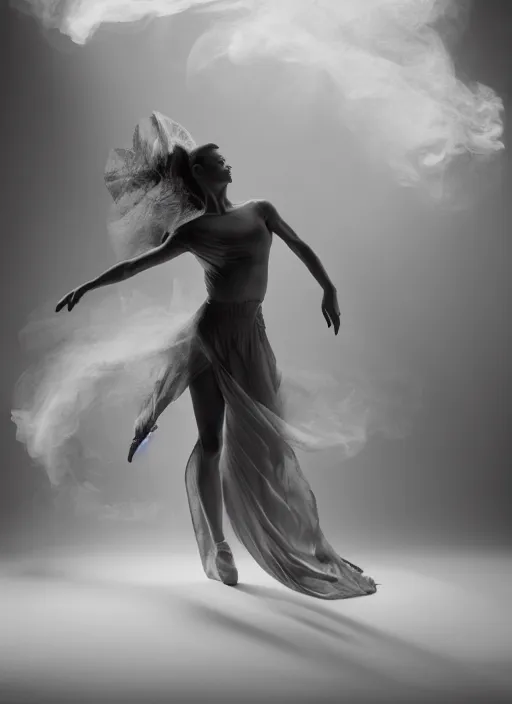 Image similar to a Photorealistic dramatic hyperrealistic render of a glamorous beautiful Female smoke dancer by Ken Brower and Deborah Ory of NYC Dance project,Lois Greenfield,Flowing cloth and smoke,Beautiful dynamic dramatic dark moody lighting,volumetric,shadows,cinematic atmosphere,Octane render,8K