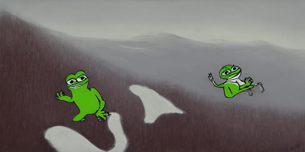 Prompt: pepe the frog snowboarding, gloomy landscape, painted by christopher radlund