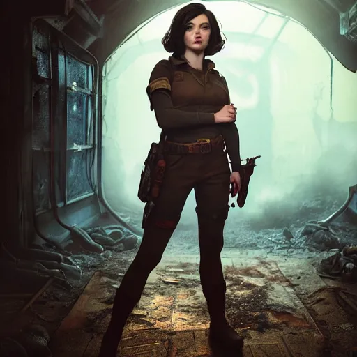 Prompt: fallout 5, charismatic beautiful rugged brunette female protagonist, portrait, outdoors in front of the entrance of vault 1 5 6, atmospheric lighting, painted, intricate, volumetric lighting, beautiful, daytime, sunny weather, slight overcast, sharp focus, deep colours, ultra detailed, by leesha hannigan, ross tran, thierry doizon, kai carpenter, ignacio fernandez rios