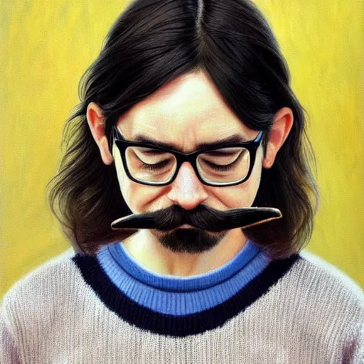 Prompt: An Oil Painting of the back view of Rivers Cuomo in a sweater with long hair and a mustache masterfully playing the piano, hyperrealistic, extremely realistic, highly realistic, HD Quality, 4k resolution, 8k resolution, Detailed, Very Detailed, Highly Detailed, Extremely Detailed, Intricate Details, Real, Very Real, Oil Painting, Digital Painting, Painting, Trending on Deviantart, Trending on Artstation