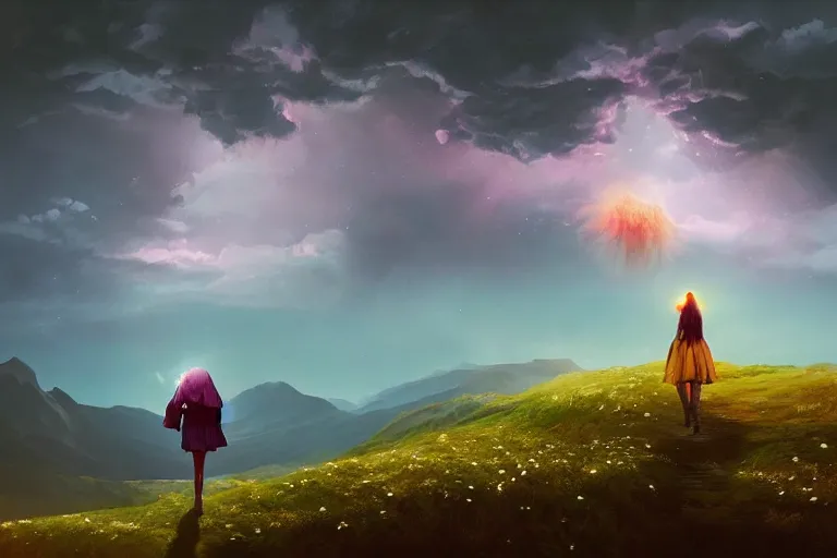 Prompt: giant dahlia flower over head, girl walking on mountain, surreal photography, stars, dramatic light, impressionist painting, storm clouds, digital painting, artstation, simon stalenhag