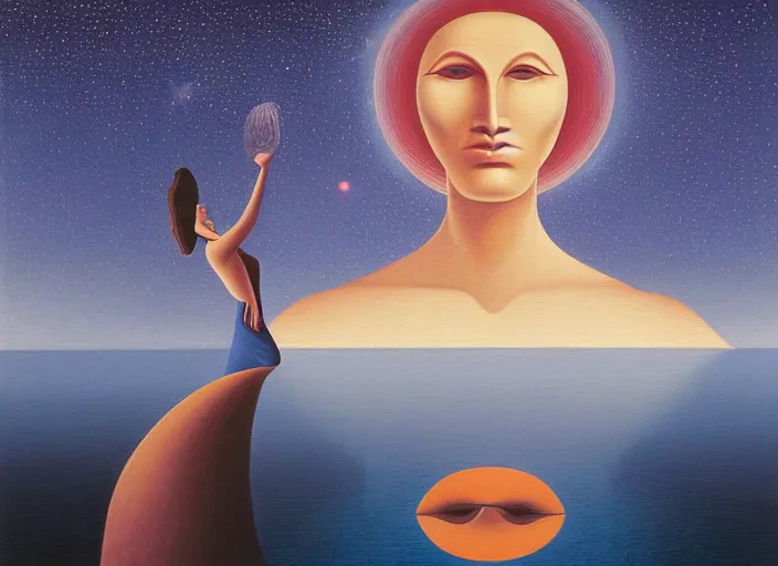 Image similar to A portrait of a woman standing by a cosmic lake, by Octavio Ocampo, reflection, symbolist, soft colors, dramatic lighting, smooth, sharp focus, extremely detailed, aesthetically pleasing composition