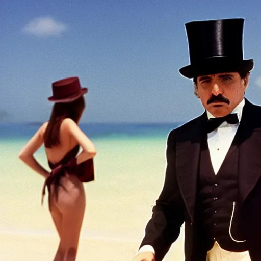 Prompt: the godfather wears a top hat. 5 0 mm, cinematic, technicolor. sea and beach and an actress in the background