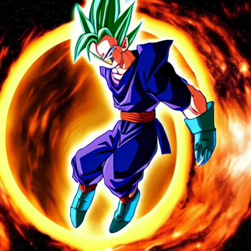 gohan from dragon ball z flying through galaxy, black