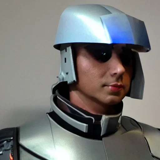 Image similar to a futuristic soldier captain with a metal visor and a blue shoulderpad