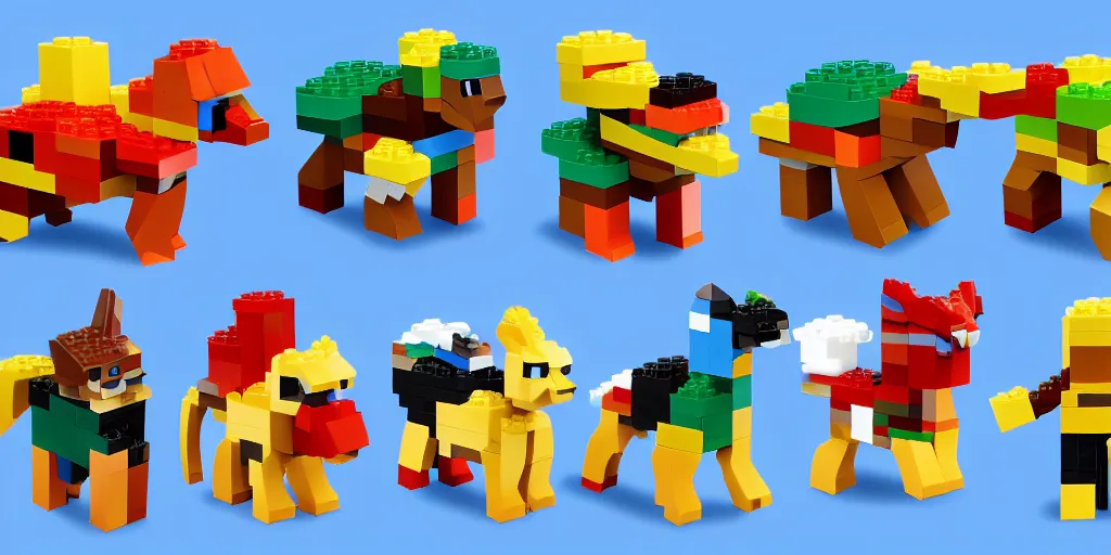 Image similar to small animals made of two or three bricks, four legged, quadrupedal, cute looking, kawaii, sharp focus, character sheet, game concept art, blocky, lego mixels, japanese, katamari damacy