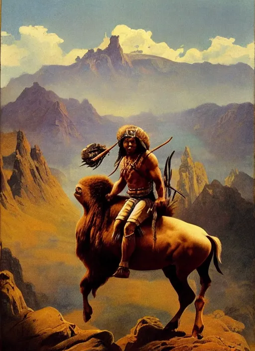 Prompt: willem dafoe as a native american riding bison, buffalo, native american warrior, mountain range, beautiful sky, standing on the edge of a cliff, 1 9 th century, painted by frazetta