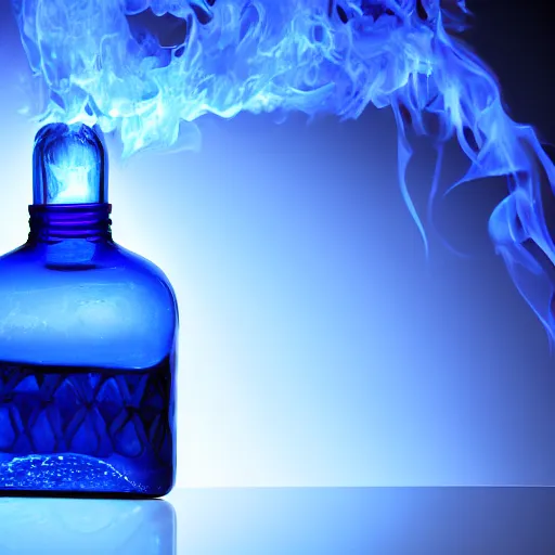 Prompt: blue flame in a bottle, 4 k, photography, highly detailed