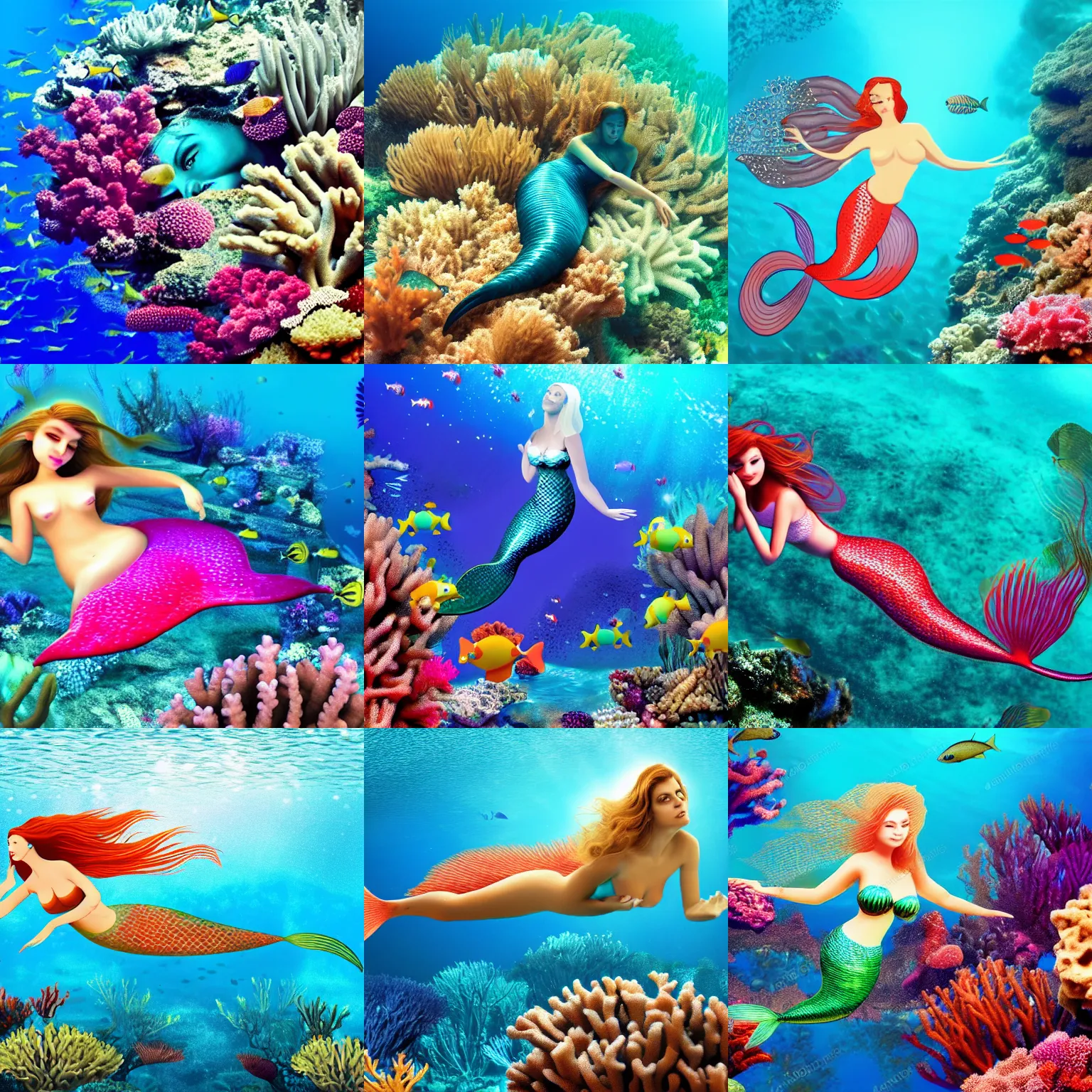 Prompt: beautiful mermaid swimming underwater coral reef, 4k,
