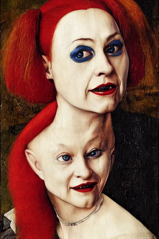 Image similar to portrait of harley quinn, oil painting by jan van eyck, northern renaissance art, oil on canvas, wet - on - wet technique, realistic, expressive emotions, intricate textures, illusionistic detail