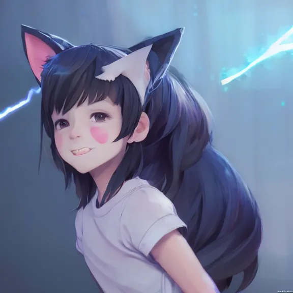 Prompt: boy with cat ears and tail, full body, blushing, happy, short smile, hair covering eyes, cinematic lightning, mid-shot, highly detailed, trending on Artstation, Unreal Engine 4k, cinematic wallpaper by Stanley Artgerm Lau, WLOP, Rossdraws, James Jean, Andrei Riabovitchev, Marc Simonetti, and Sakimichan