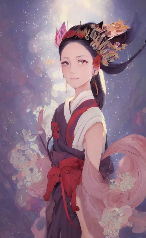 Image similar to A beautiful digital painting of a beautiful young woman with fox ears and nine tails wearing a kimono, anime, visualartzi, Janapese, concept art by Karla Ortiz, James Paick, Charlie Bowater, Krenz Cushart, Stanley Artgerm Lau, WLOP, Rossdraws, James Jean, Andrei Riabovitchev, Marc Simonetti, and Sakimichan, trending on artstation