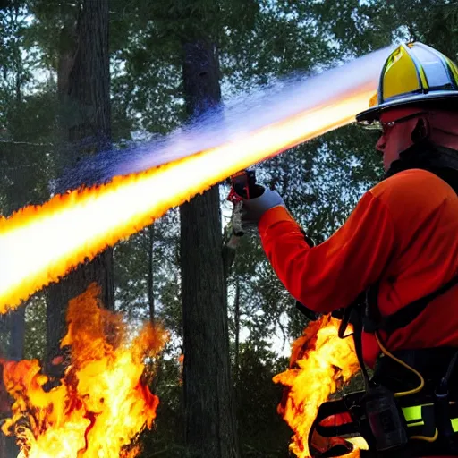Image similar to photo of a firefighter using a flamethrower projecting a long flame. award-winning, highly-detailed