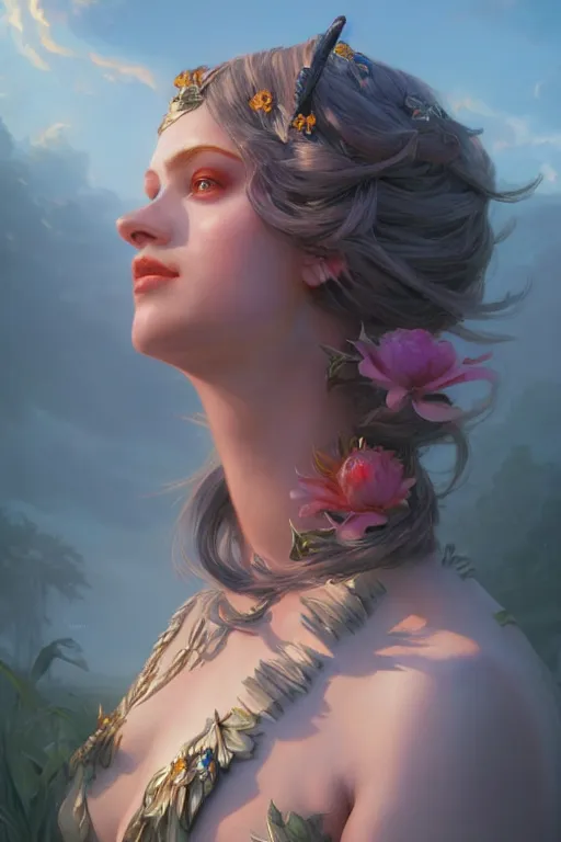 Prompt: goddess of the summer, twilight, highly detailed, digital painting, artstation, concept art, smooth, sharp focus, illustration, unreal engine 5, 8 k, art by artgerm and greg rutkowski and edgar maxence