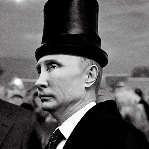 Prompt: putin wearing a long black leather hat, cinematic style, front view, cool looking