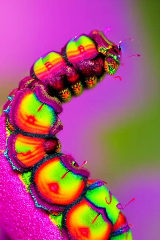 Image similar to high quality macro photo multicolored puss moth caterpillar! gorgeous highly detailed hannah yata elson peter cinematic lighting high quality low angle hd 8k sharp shallow depth of field