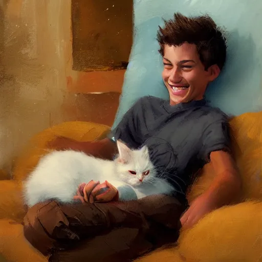Prompt: a teenage boy smiling at the kitten in his lap. By Craig Mullins and Jordan Grimmer