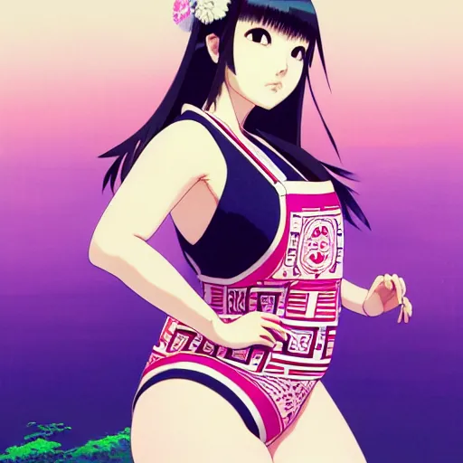 Image similar to a beautiful plus sized model japanese natalie portman, alluring plus sized model, wearing mayan leotard with elegant mayan apron overalls, street fashion hip hop style with mayan patterns, aztec street fashion, gapmoe yandere grimdark, trending on pixiv fanbox, painted by greg rutkowski makoto shinkai takashi takeuchi studio ghibli, akihiko yoshida